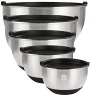 Mixing Bowls Set of 5, Wildone Stainless Steel Nesting Mixing Bowls with Lids, Measurement Lines & Silicone Bottoms, Size 8, 5, 3, 2, 1.5 QT, Non-Slip & Stackable Design, Great for