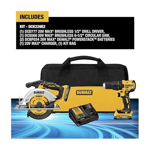  DEWALT 20V MAX* Brushless Cordless Circular Saw and Drill Combo Kit with DEWALT POWERSTACK™ Compact Batteries (DCK239E2)