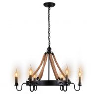 UNITARY Unitary Brand Antique Metal Flaxen and Black Hemp Rope Wheel Candle Chandelier with 6 E12 Bulb Sockets 240W Painted Finish