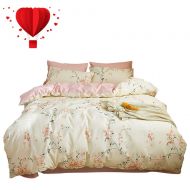 BuLuTu Cotton Modern Floral Girls Bedding Duvet Cover Sets Queen Creamy-White/Pink Hypoallergenic Natural Branch Kids Bedding Sets Full Zipper Closure for Teen,1 Duvet Cover + 2 Pi