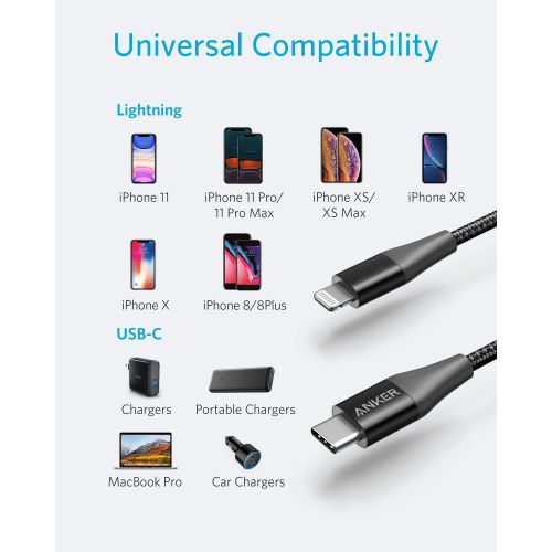 앤커 Anker iPhone 11 Charger, USB C to Lightning Cable [3ft Apple Mfi Certified] Powerline+ II Nylon Braided Cable for iPhone 11/11 Pro/11 Pro Max/X/XS/XR/XS Max/8/8 Plus, Supports Powe