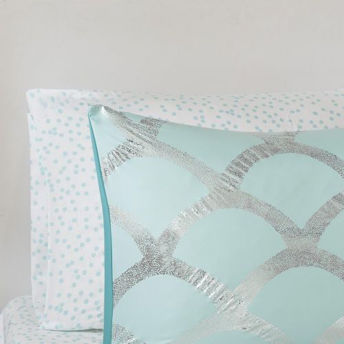  [아마존베스트]Intelligent Design Lorna Complete Bag Trendy Metallic Mermaid Scale Scallop Print Comforter with Polka Dots Sheet Set, Teen Bedding for Girls Bedroom, Twin, Aqua