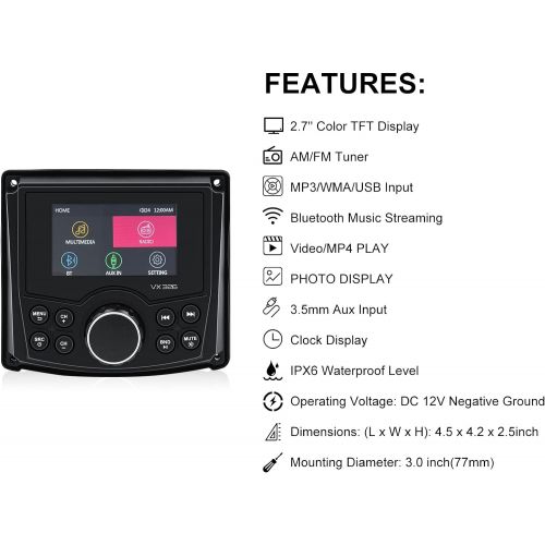  [아마존베스트]Herdio 3 Inches Display AM/FM Compact Marine UTV RZR Bluetooth Radio Digital Media Receiver MP3 / Photo/Video Playback