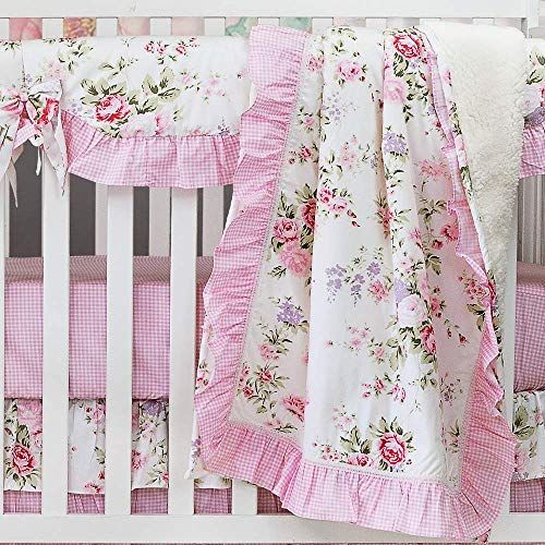  [아마존베스트]Brandream Pink Baby Girls Crib Bedding Sets Blossom Watercolor Floral Nursery Baby Bedding Crib Sets, 11pieces