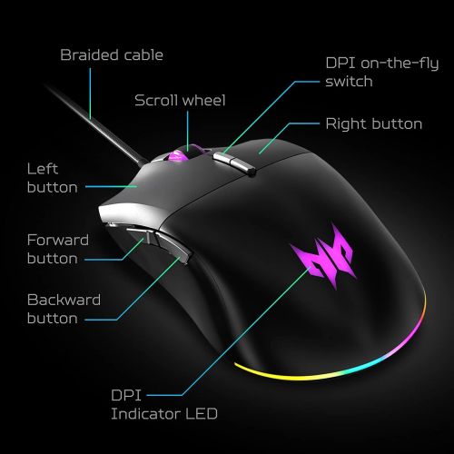 에이서 Acer Predator Cestus 330 Gaming Mouse with PixArt 3335 Sensor, Adjustable DPI Settings, 16.8 Million RGB Color Lighting Combinations & NVIDIA Reflex