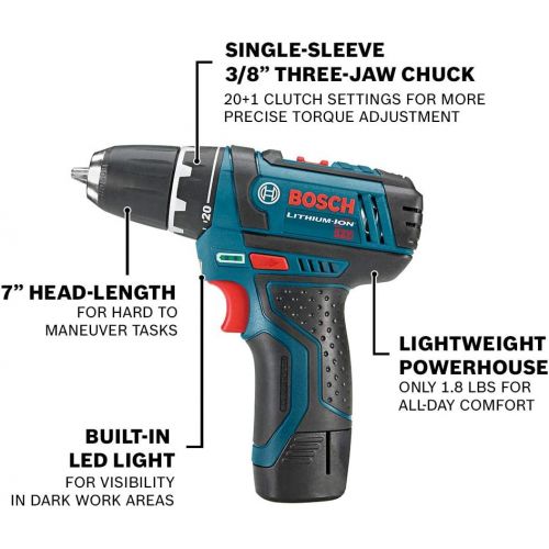  BOSCH Power Tools Combo Kit CLPK22-120 - 12-Volt Cordless Tool Set with 2 Batteries, Charger and Case & 24 Piece Impact Tough Screwdriving Custom Case System Set SDMS24