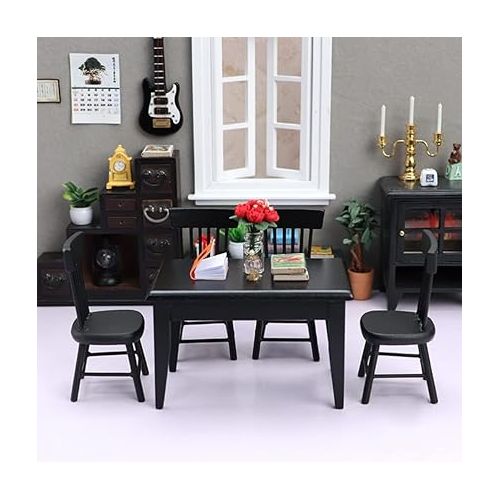  Toyvian Black Chairs 5Pcs Miniature Table and Chairs, Mini Dining Table Set for 4, Doll House Black Wooden Table Chairs Miniature Furniture and Accessories Calico Critters Furniture