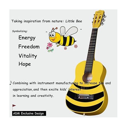  ADM Beginner Acoustic Classical Guitar Nylon Strings Wooden Guitar Bundle Kit for Kid Boy Girl Student Youth Guitarra Free Online Lessons with Gig Bag, Strap, Tuner, Picks (30 Inch, Honey Bee)