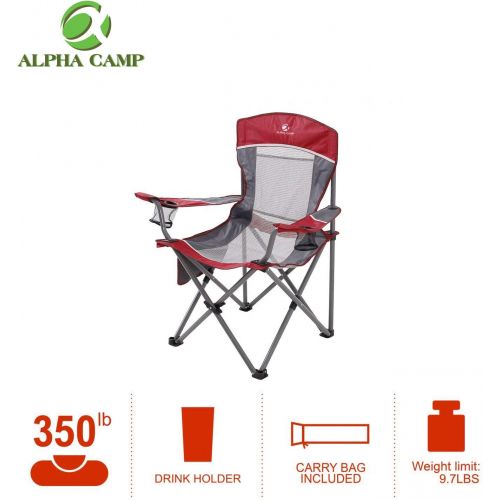  ALPHA CAMP Oversized Mesh Back Camping Folding Chair Heavy Duty Support 350 LBS Collapsible Steel Frame Quad Chair Padded Arm Chair with Cup Holder Portable for Outdoor