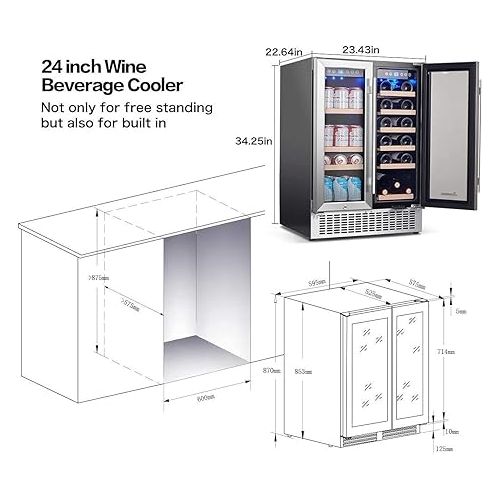  AAOBOSI 24 Inch Wine and Beverage Refrigerator - 19 Bottles & 57 Cans Capacity Wine Cooler with Dual Zone - Wine Fridge Built in Counter or Freestanding - 2 Safety Locks and Blue Interior Light