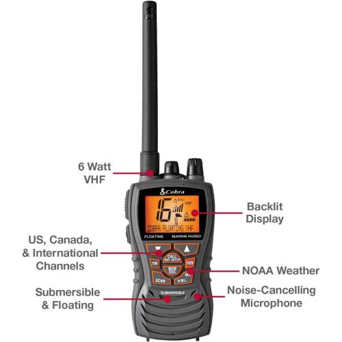코브라 [아마존베스트]Cobra MR HH350 FLT Handheld Floating VHF Radio  6 Watt, Submersible, Noise Cancelling Mic, Backlit LCD Display, NOAA Weather, Memory Scan, Grey