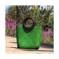 QTKJ Hand-woven Womens Straw Large Boho Handbag Bag for Women, Summer Beach Rattan Tote Travel Bag with Wood Round Top Handle (Green)