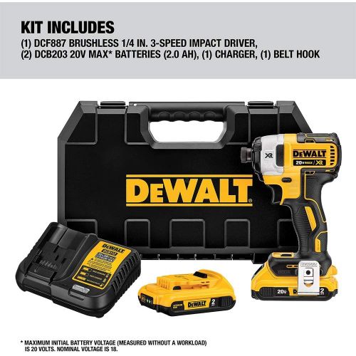  DEWALT 20V MAX XR Impact Driver Kit, Brushless, 3-Speed, 1/4-Inch, 2.0-Ah (DCF887D2)