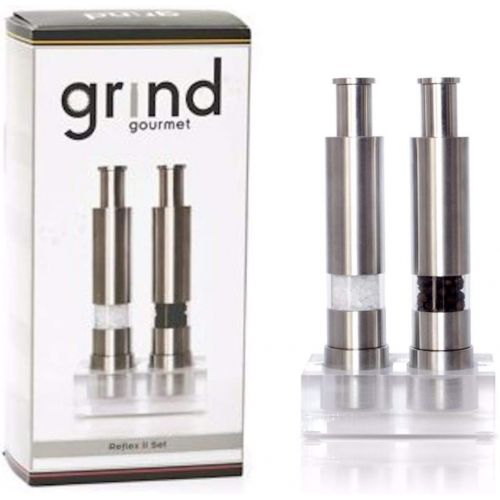  Grind Gourmet Salt and Pepper Grinder Set, Original Pump & Grind Peppermill are Refillable, Modern Thumb Press Grinder, Comes with Black Pepper, Sea Salt and Stand, Works With Hima