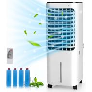 COSTWAY Evaporative Cooler, Include Remote Control, 4 Ice Packs, Bladeless Fan with 4 Wind Modes, 3 Speeds, 7.5H Timer, 12L Water Tank, LED Display, Portable Air Cooler for Indoor