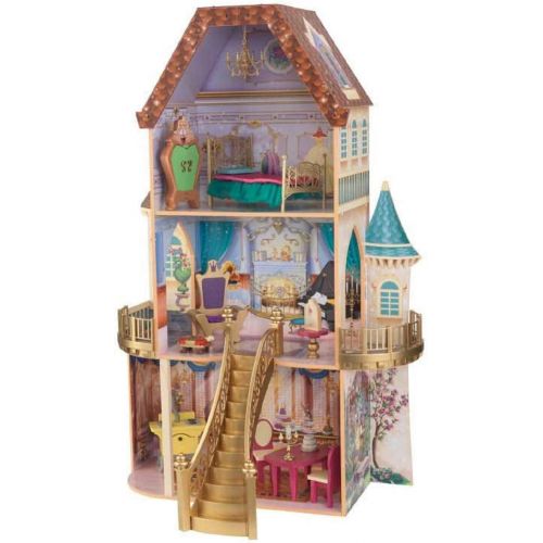 키드크래프트 KidKraft Disney Princess Belle Enchanted Wooden Dollhouse, Almost Four Feet Tall, with Balconies, Staircase and 13 Accessories, Gift for Ages 3+