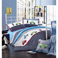 LELVA Embroidery Cartoon Car Design Kids Reactive Printing High-grade Cotton 4 Piece Bedding Set Quilt Covers for Boys Twin Full Size (Full)