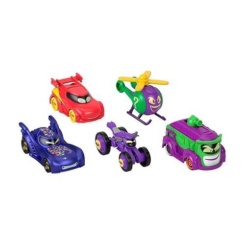 피셔프라이스 Fisher-Price DC Batwheels 1:55 Scale Toy Cars 5-Pack, Bam Batmobile Redbird Prank Bibi & Quizz, Batcast Metal Diecast Vehicles, Ages 3+