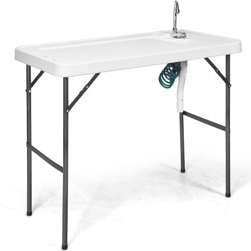  Goplus Folding Fish Cleaning Table with Sink and Spray Nozzle, Heavy Duty Fillet Table with Hose Hook Up and Faucet, Portable Outdoor Camping Sink Station for Dock Beach Patio Picn