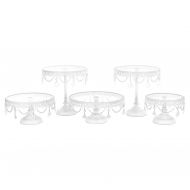 Amalfi Decor Victoria White Cake Stand Set of 5, Round Glass Plate Metal Dessert Cupcake Pedestal Wedding Party Display with Crystals