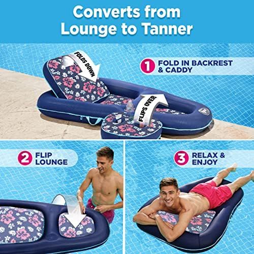  AQUA Campania Ultimate 2 in 1 Recliner & Tanner Pool Lounger with Adjustable Backrest and Caddy, Inflatable Pool Float, Navy Hibiscus