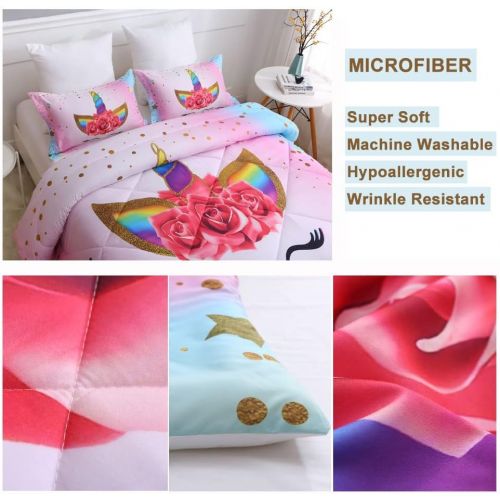  [아마존베스트]SIRDO Magical Unicorn Ultra Soft Girls Comforter Set Pink Twin Size Microfiber 3 Piece Bed Set for Teen Girls with Sparkle Stars Ombre Bedding Sets Machine Washable