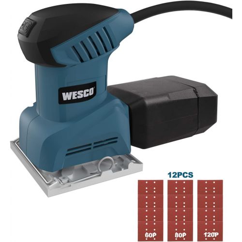  [아마존베스트]WESCO 1/4 Sheet Sander, 2.0 Amp Palm Sander with Aluminum Sanding Base (4x 4-5/16), 12,000 RPM, 12PCS Sanding Papers, Dust Box, Vacuum Adaptor, Paper Punch,for Sanding, Derusting/W