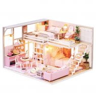 Sacow Mini Wooden Dollhouse Kit, 3D DIY Miniature House Furniture LED House Puzzle Toy Game (B)