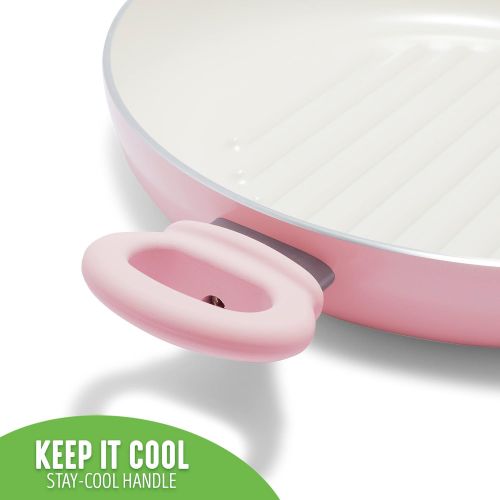  GreenLife Soft Grip Healthy Ceramic Nonstick, 11 Grill Pan with 2 Handles and Lid, PFAS-Free, Dishwasher Safe, Soft Pink