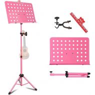 EASTROCK Pink Metal Sheet Music Stand with Violin Ukulele Hanger Holder - Adjustable Music Stand, Professional Music Book Holder, and Sheet Music Clip