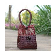 QTKJ Hand-woven Mini Retro Elephant Pattern Straw Handbag Bag Summer Beach Boho Rattan Travel Tote Bag with Wooden Beaded Tassel Pendant (Red)