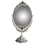 KINGFOM Antique Two Sided Swivel Oval Desktop Vanity Makeup Mirror with Embossed Roses and Mounted Beads for Home, Jewelry or Watches Cosmetics Showcase (Antique Pewter, Large)