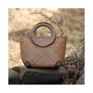 QTKJ Hand-woven Womens Straw Boho Handbag Bag for Women, Summer Beach Rattan Tote Travel Bag with Wood Round Top Handle (Khaki 2)