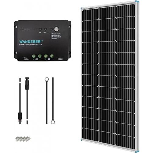  Renogy 100 Watt 12 Volt Solar Panel Starter Kit with 100W Monocrystalline Solar Panel + 30A PWM Charge Controller + Adaptor Kit + Tray Cables + Mounting Z Brackets for RV Boats Trailer Off-Grid System