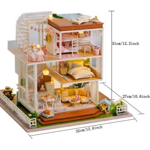  WYD Large Villa Assembly kit, Modern Architectural Model,Three/ Four-Story Doll House Wood, LED Lamp Furniture, for Gift Collection (Have a Nice Day)