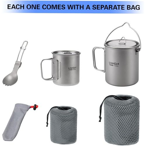  Lixada Camping Titanium Cookware Set,Partable Foldable Handles and with Lid Design with Pot,Water Cup,Spork and Windscreen for Outdoor Camping Hiking Backpacking(Optional)