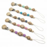 Amyster 5pcs Baby Wooden Pacifier Beech Wooden Chew Bead Round Pacifier Clips Teething Jewelry...
