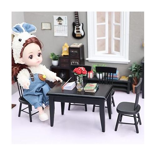  Toyvian Black Chairs 5Pcs Miniature Table and Chairs, Mini Dining Table Set for 4, Doll House Black Wooden Table Chairs Miniature Furniture and Accessories Calico Critters Furniture