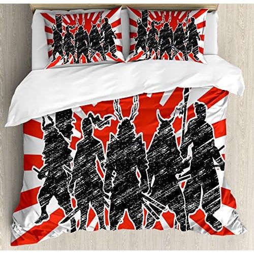  Ambesonne Japanese Duvet Cover Set, Group of Samurai Ninja Posing and Getting Ready on Unusual Striped Retro Backdrop, Decorative 3 Piece Bedding Set with 2 Pillow Shams, King Size