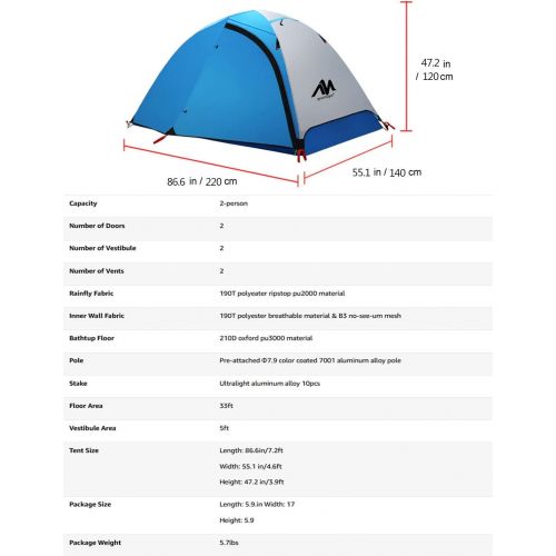  2 Person Backpacking Tent + Carbon Fiber Trekking Poles for Hiking, AYAMAYA Double Wall Easy Setup 3 Season 2 Doors Camping Tent & Ultralight Walking Sticks for Fishing Motorcycle