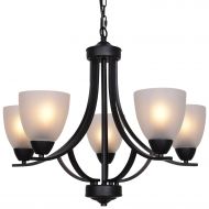 VINLUZ 5 Light Shaded Contemporary Chandeliers with Alabaster Glass Black Rustic Light Fixtures Ceiling Hanging Mid Century Modern Pendant Lighting for Dining Room Foyer Bedroom Li