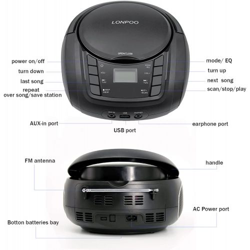  [아마존베스트]LONPOO CD Player Portable Boombox with FM Radio/USB/Bluetooth/AUX Input and Earphone Jack Output, Stereo Sound Speaker & Audio Player,Black