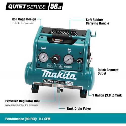  [아마존베스트]Makita MAC100Q Quiet Series, 1/2 HP, 1 Gallon Compact, Oil-Free, Electric Air Compressor