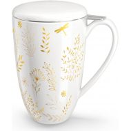 [아마존베스트]immaculife Tea Cup with Infuser and Lid Ceramic Tea Mug with Lid - Teaware with Filter 15oz, Platinum Print