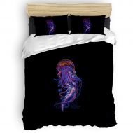 YEHO Art Gallery Queen Size Duvet Cover Set Soft Bedding Sets for Child Boys Girls,Colorful Jellyfish Animal Black Pattern Adult Kids Bed Sheet Set,4 Piece Include 1 Flat Sheet 1 Duvet Cover and 2