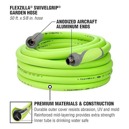  Flexzilla Garden Hose with SwivelGrip, 5/8 in. x 50 ft., Heavy Duty, Lightweight, Drinking Water Safe, ZillaGreen - HFZG550YWS-E