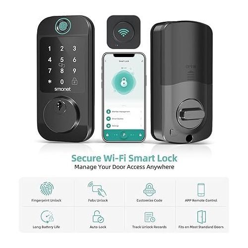  WiFi Keyless Front Door Lock: SMONET Fingerprint Entry Smart Locks, App Remote Control for Rental, Digital Keypad Bluetooth Deadbolt Lock with Alexa Auto Lock Notification Code Fob for Home, Black