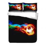 U ADASMILE A & S 3D Fire Soccer Bedding Set Football Pattern Duvet Cover Sports Style Bedding for Teens Boys-Queen 3pcs