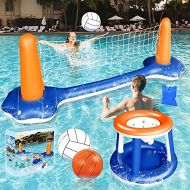 Weanas Inflatable Pool Float Set Volleyball Net and Basketball Hoops Floating Pool Swimming Game Toys Water Inflatable Sports Set for Kids (Dark Blue)