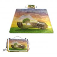 FunnyCustom Picnic Blanket Amazing Sunset Tree of Life Green Grass Outdoor Blanket Portable Moisture Proof Picnic Mat for Beach Camping